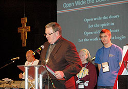 Archbishop Joseph W. Tobin leads a prayer service during the National Catholic Collegiate Conference in Indianapolis on Nov. 23. (Photo by John Shaughnessy)