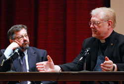 Rabbi Aaron Spiegel, left, and Father Rick Ginther participate in a discussion on April 30 at Christian Theological Seminary in Indianapolis following a viewing of the French movie, The Jewish Cardinal, which was a feature of this year’s Indianapolis Jewish Film Festival. (Submitted photo)