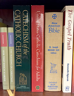 Knowledge of Church teaching is imperative for evangelization. Gabriela Ross, archdiocesan coordinator of catechetical resources, recommends the Catechism of the Catholic Church and the United States Catholic Catechism for Adults, among other resources. (Photo by Natalie Hoefer)