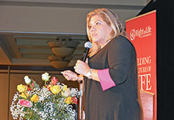 Pam Stenzel addresses more than 900 people — including more than 400 students and seminarians — during Right to Life of Indianapolis’ annual “Celebrate Life Dinner” in Indianapolis on Oct. 3. (Photo by Natalie Hoefer)