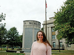 Standing near a World War II memorial in downtown Indianapolis, Sophia Egold knows the difference that veterans have made in her life and the life of the United States. (Photo by John Shaughnessy)